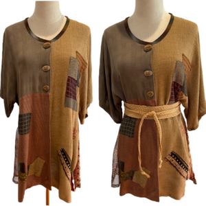 90s DONNA JESSICA BOHO NEUTRAL OVERSIZED PATCHWORK JACKET COVERUP FUNKY BUTTONS